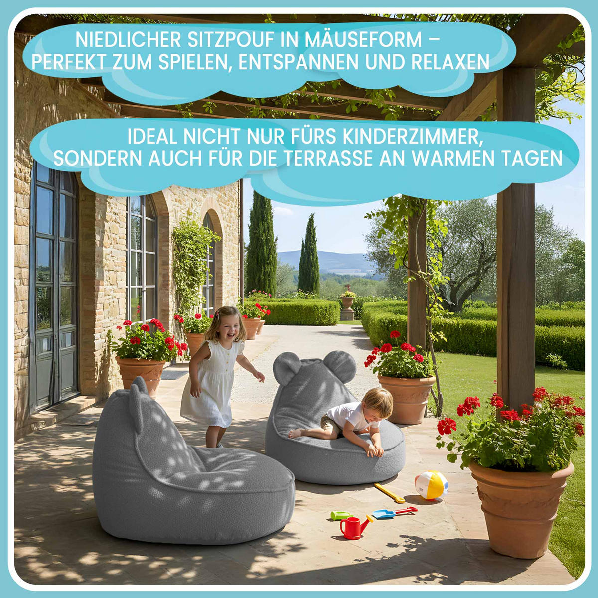 SITZSACK FÜR KINDER Maus 75/75/55 cm, weicher Bouclé 315 g/m², abnehmbarer Bezug, Pearl Grey - Hellgrau, Textil (75/55/75cm) - Dreamroots