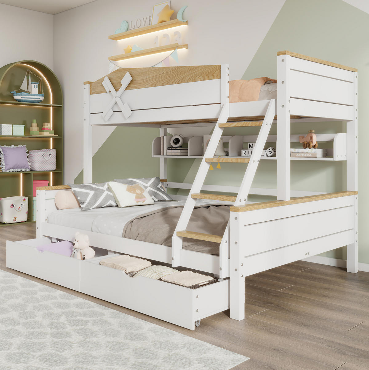 ETAGENBETT 90/200 & 140/200 cm aus Kiefer und MDF mit Windmühle, Regalen und Schubladen Weiß/Natur - Weiß, Holzwerkstoff (90/200cm) - Modenvie