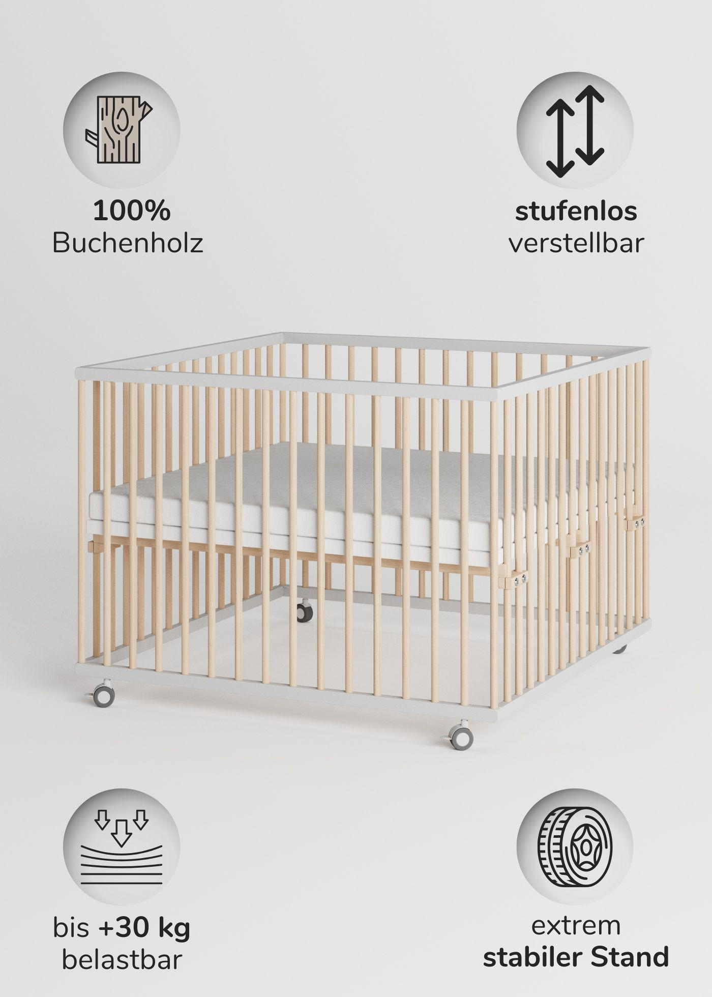 LAUFGITTER 100x100 cm mit Matratze SleepPlus & Schlufpsrossen - weiß/natur - Premium Kollektion - Weiß/Naturfarben, Holz (100/74/100cm) - Sämann – make a difference.