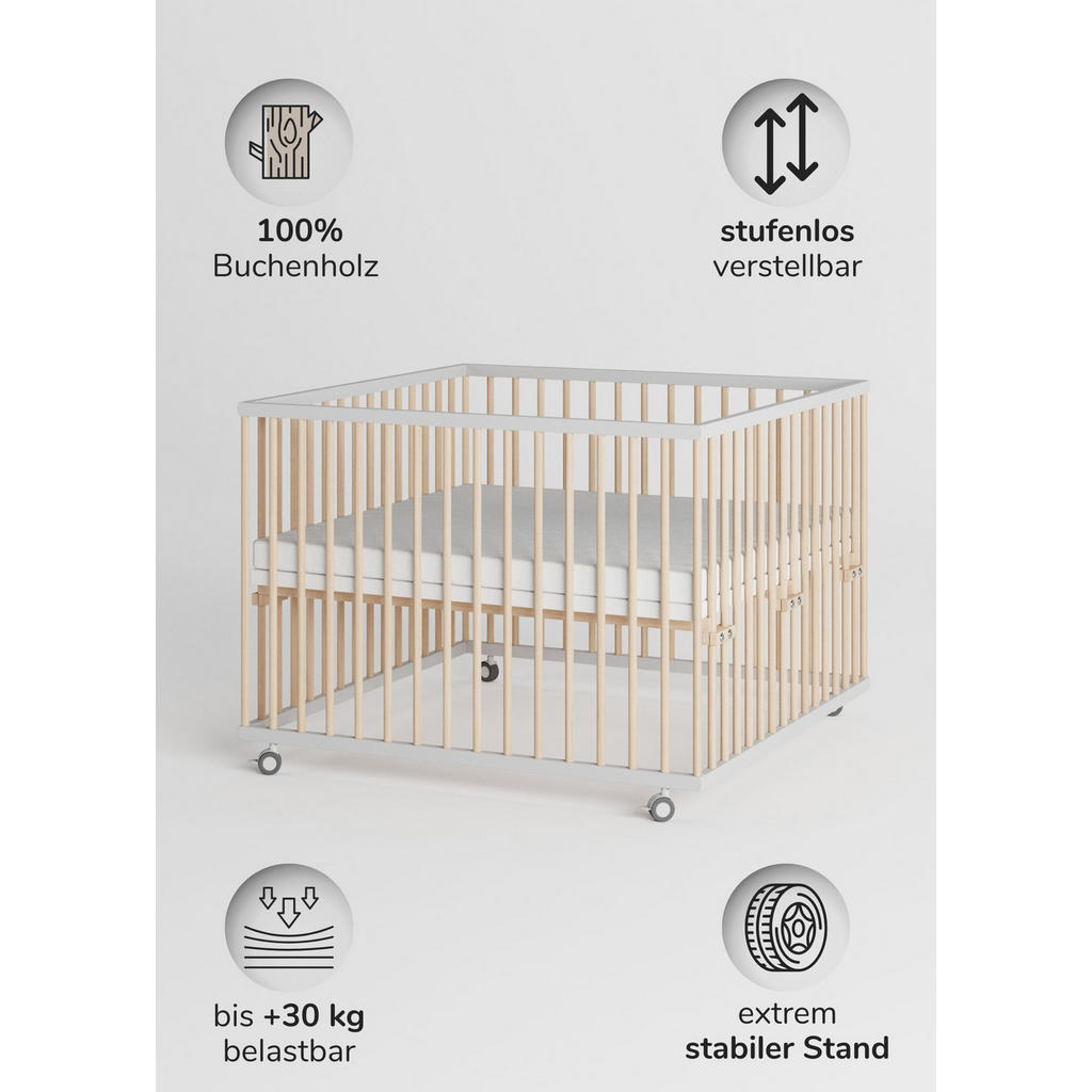 Thumbnail - Sämann – make a difference. Laufgitter, Weiß, Natur, Holz, Echtholz,Buche, 100x74x100 cm, Babymöbel, Laufstall Baby