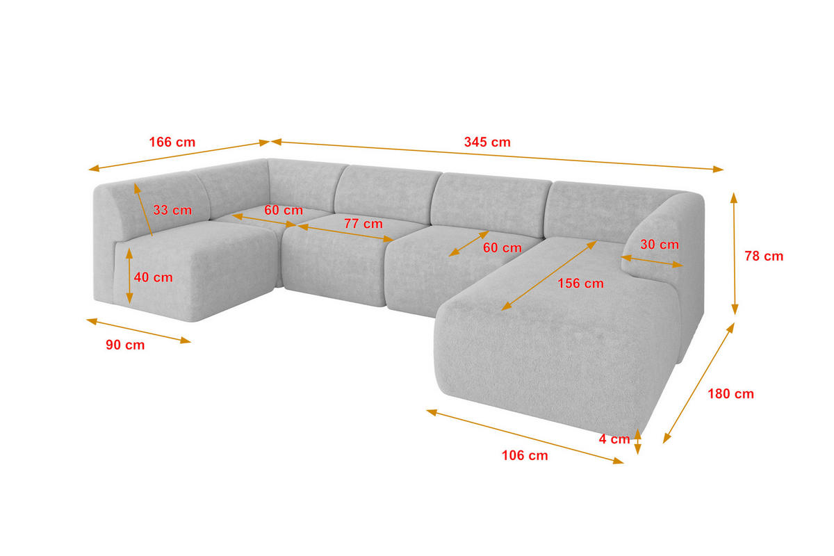 WOHNLANDSCHAFT Ottomane Rechts MOVO-L 345x180x78 cm Hellgrau Tissu - Nickelfarben, Holzwerkstoff/Kunststoff (180/78/345cm) - ALTDECOR