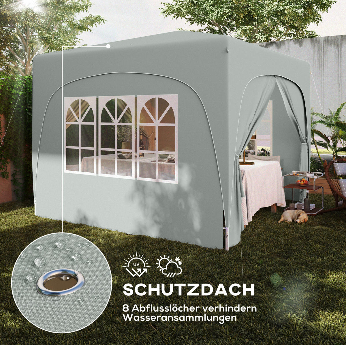 PAVILLON 300/300/273 cm hellgrau aus Polyester höhenverstellbar mit 4 Seitenteilen - Hellgrau, Textil (300/273/300cm) - OKWISH