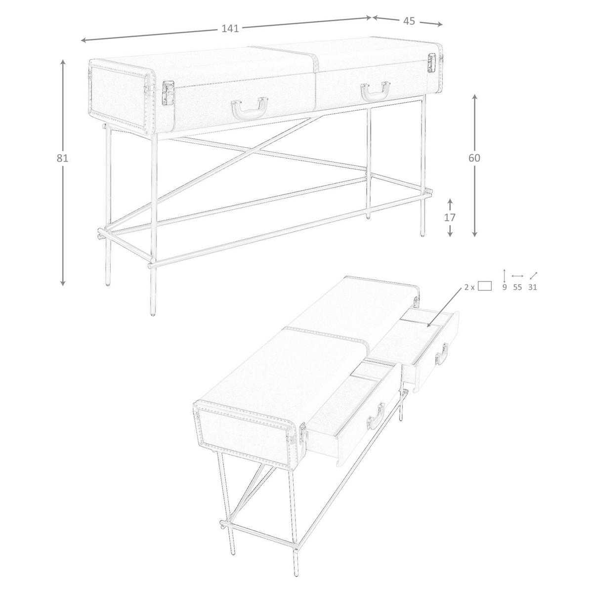 KONSOLENTISCH Rechteckiger Konsolentisch, Stoff, Nussbaum und polierter Goldstahl 141/45/81 cm - Grau, Holzwerkstoff/Metall (45/141/81cm) - ANGEL CERDA