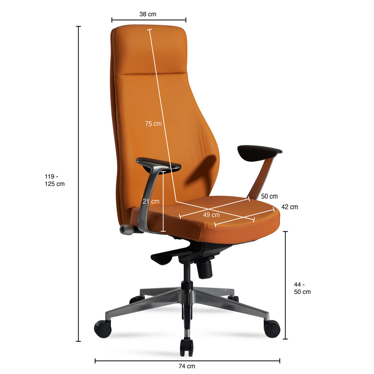 BÜROSTUHL Kunstleder bis 120 kg mit Wippmechanik, Armlehnen und hoher Rückenlehne, Braun 74x74x125 cm - Silberfarben/Braun, Textil/Metall (74/125/74cm) - KADIMA DESIGN