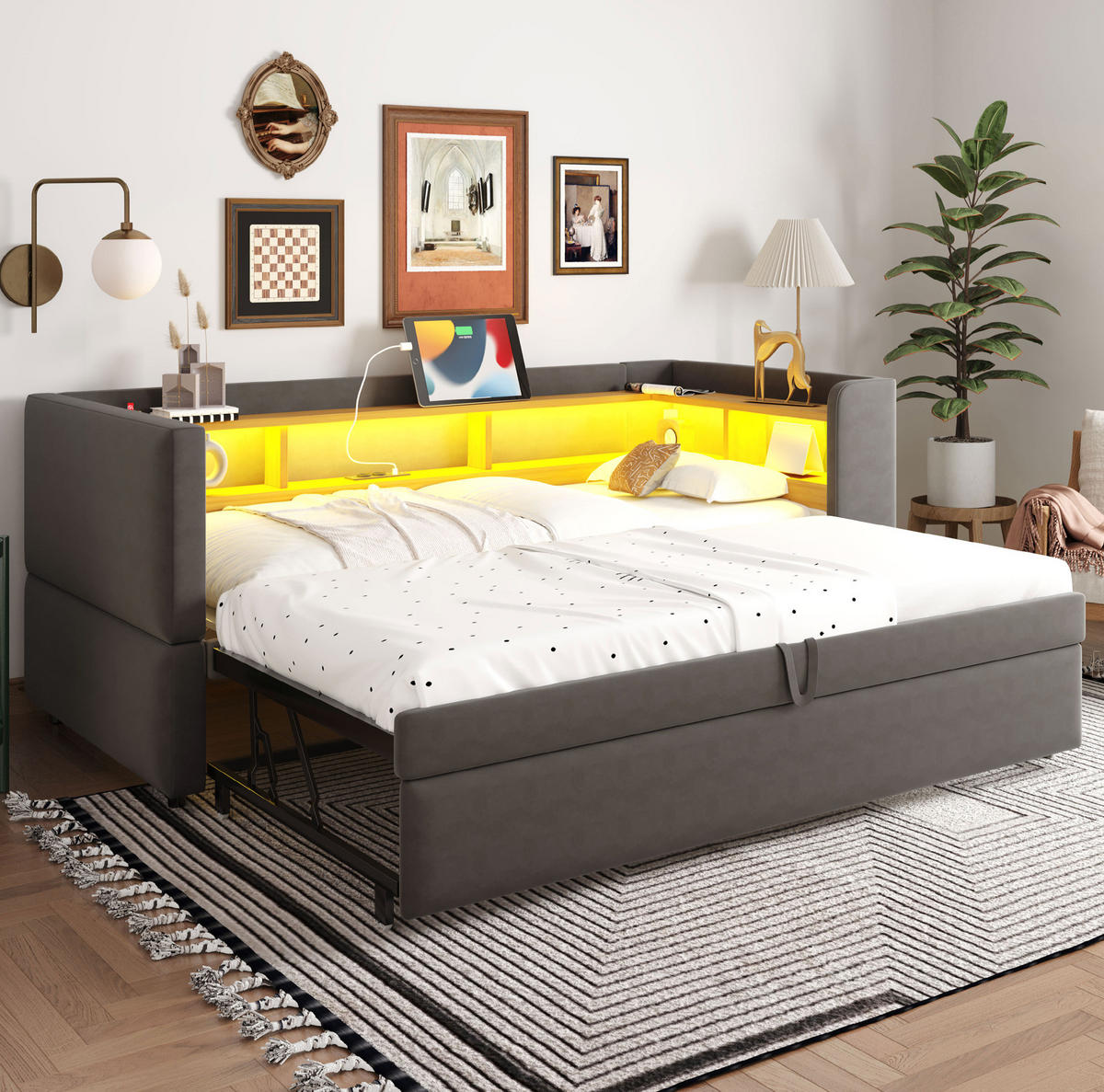 POLSTERBETT aus Flanell 90/180x190 cm Dunkelgrau mit LED-Beleuchtung, Steckdosen und Ablagefächern - Dunkelgrau, Textil (90/190cm) - Modfu