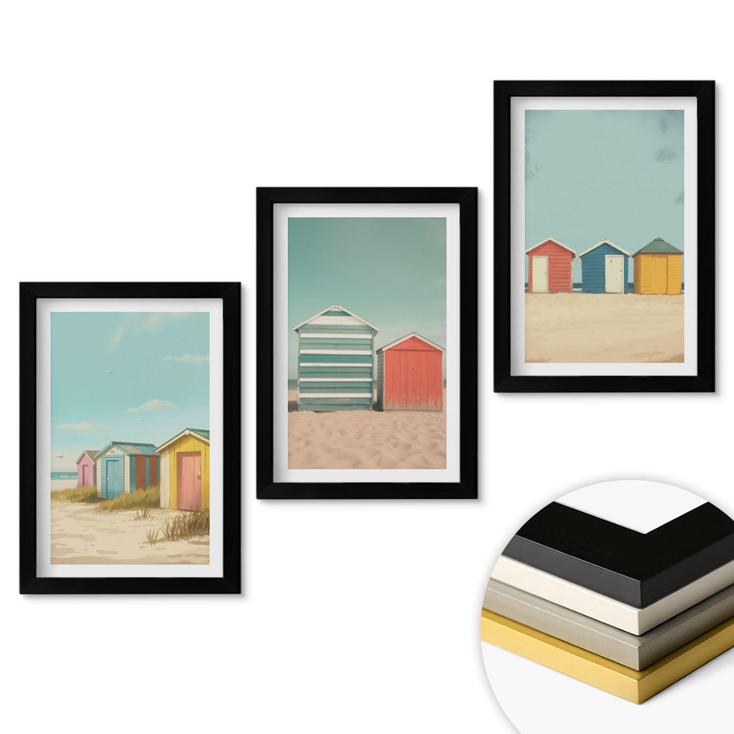 WANDBILDER 3er-Set - 20x30 cm Schwarzer Rahmen - Bunte Häuser, Strand, Sonne - Schwarz, Kunststoff (20/30cm) - ArtPrintCave