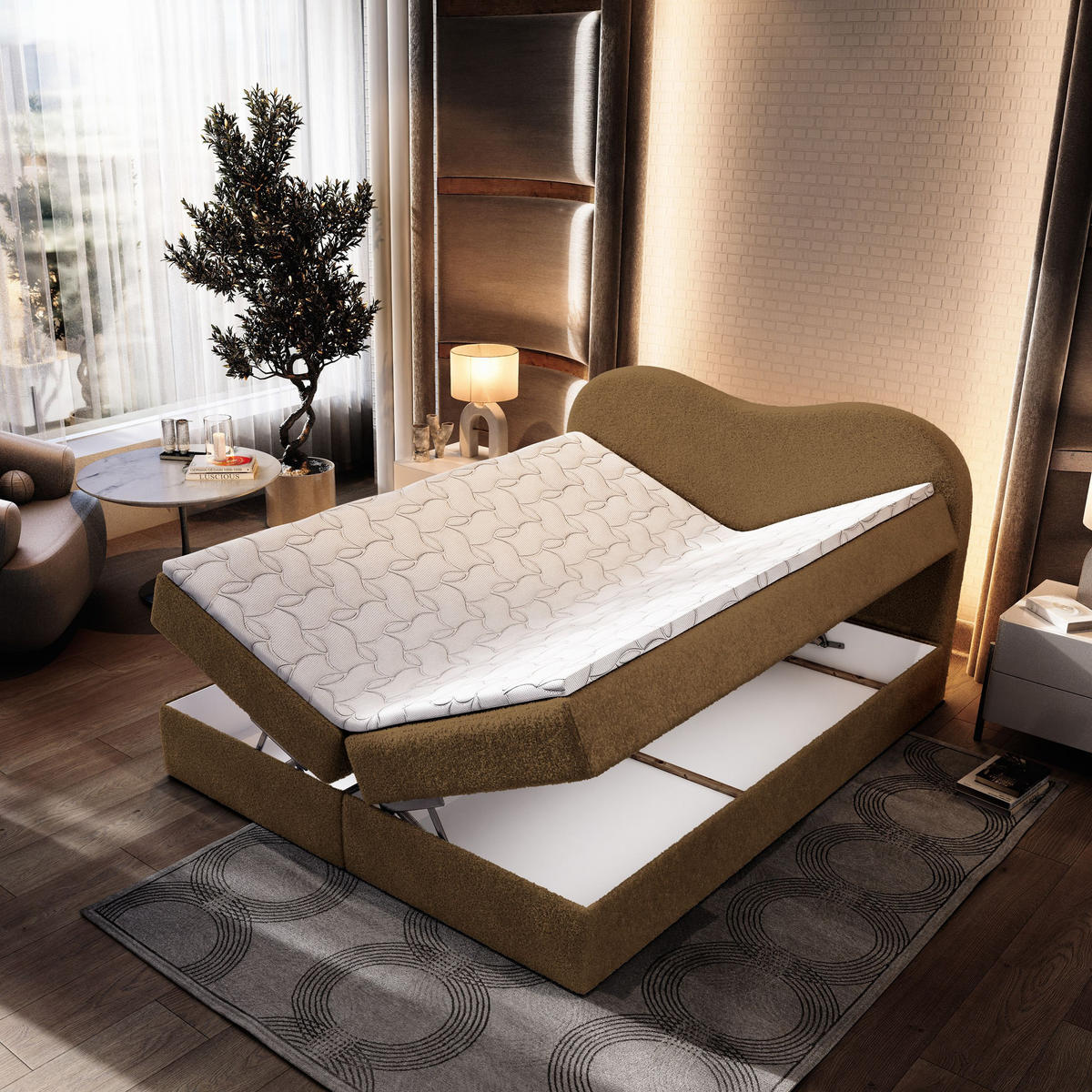BOXBETT FLUVIA N 160x200 cm mit Matratze und Topper - Braun - Braun, Holz (160/200cm) - MASSENO
