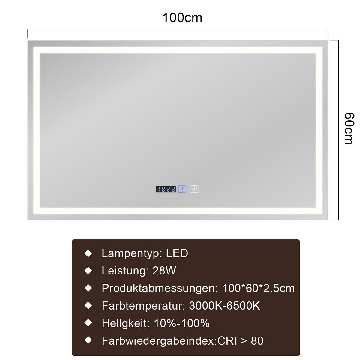 BADEZIMMERSPIEGEL Erfurt mit LED-Leuchte 100/60/2.5 cm - Weiß, Glas (60/2.5/100cm) - Nettlife