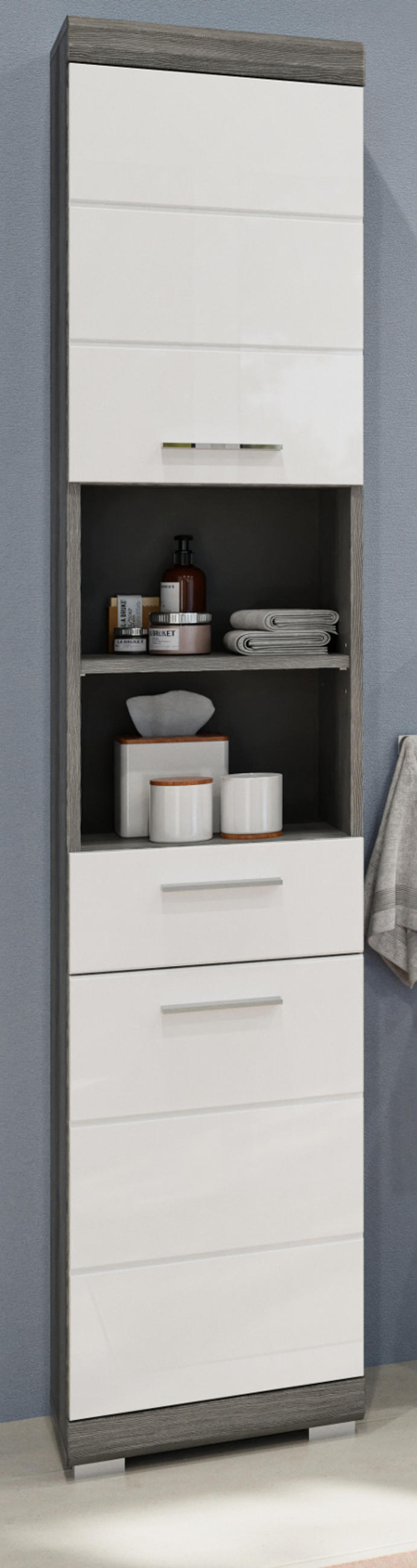 HOCHSCHRANK weiß Hochglanz, grau 190 cm, Badschrank Türanschlag wechselbar - Weiß Hochglanz/Silberfarben, Holzwerkstoff/Kunststoff (37/191/31cm) - Inn.Furn