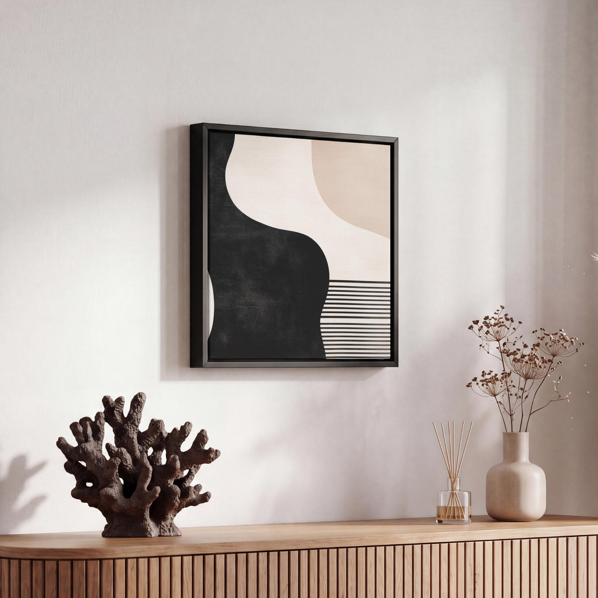 LEINWAND Bilder mit Rahmen - Abstrakt - Japandi - Beige - Modern - 20x20 - Schwarz, Textil (20/20cm) - MuchoWow