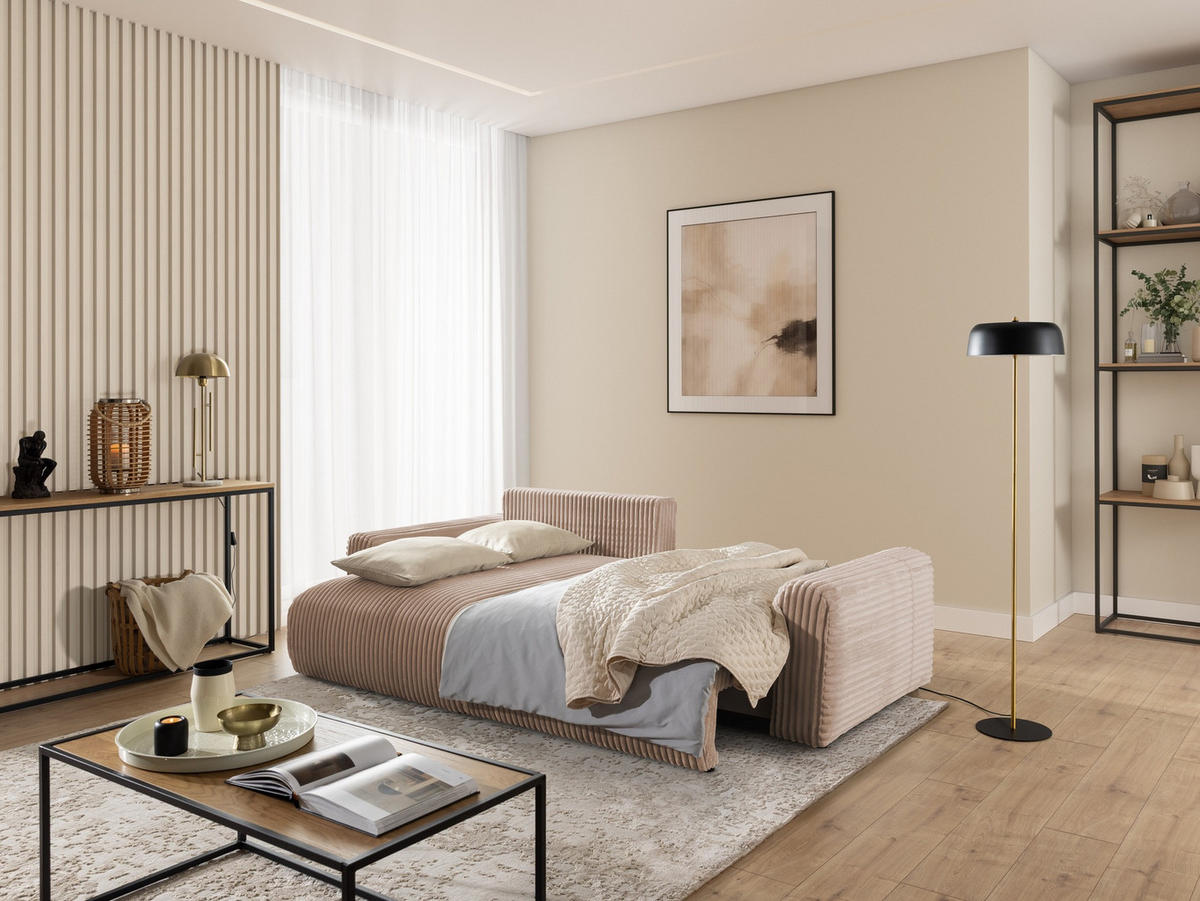 ECKSOFA Calma mit Schlaffunktion und Bettkasten im Bumpy-Design aus weichem Beige Plüschcord - Ottomane links - Beige/Schwarz, Holz/Kunststoff (239/140cm) - S-Style
