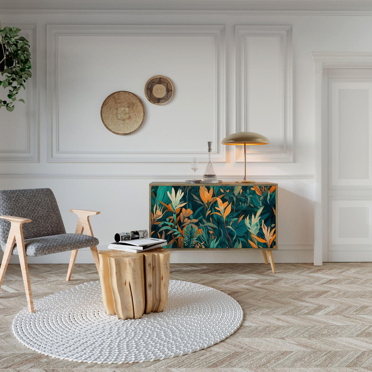 SIDEBOARD FLORAL SERENITY, Eicheneffekt, 111x42x77,5 cm, 2 Türen - Eichefarben/Buchefarben, Holzwerkstoff/Buchenholz (111/77.5/42cm) - SpaceRebels