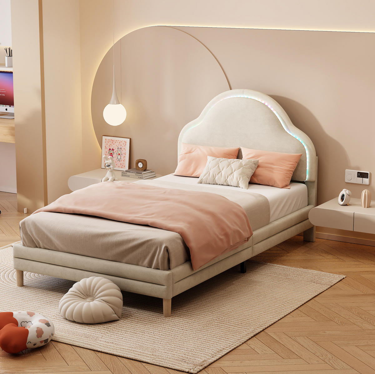 POLSTERBETT 90/200 cm Beige aus Samt mit LED-Streifen - Beige, Textil (90/200cm) - OKMYHOME
