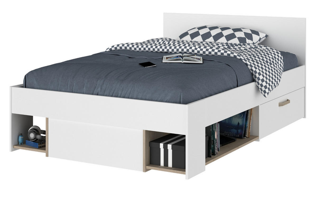 STAURAUMBETT weiß, Eiche Liegefläche 120 x 200 cm, Bett inklusive Bettschubkasten - Eichefarben/Weiß, Holzwerkstoff/Metall (120/200cm) - Parisot Meuble
