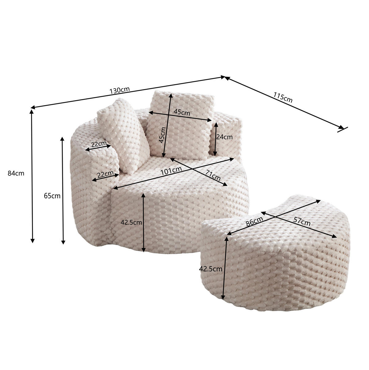 SESSEL 129/116/65 cm mit Hocker, 360°-Fassdesign und weichem Kunstfellbezug, Beige - Beige, Textil (116/65/129cm) - Redom