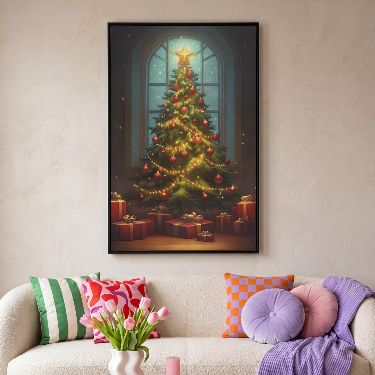 LEINWAND Bilder mit Rahmen - Weihnachtsbaum - Geschenk - Winter - 100x150 - Grün, Textil (100/150cm) - MuchoWow