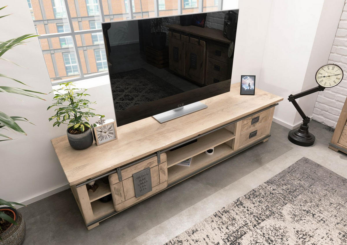 TV-BOARD Mango 200x55x50 whitewash lackiert RAILWAY #336 - Beige, Holz (55/50/200cm) - Massivmoebel24