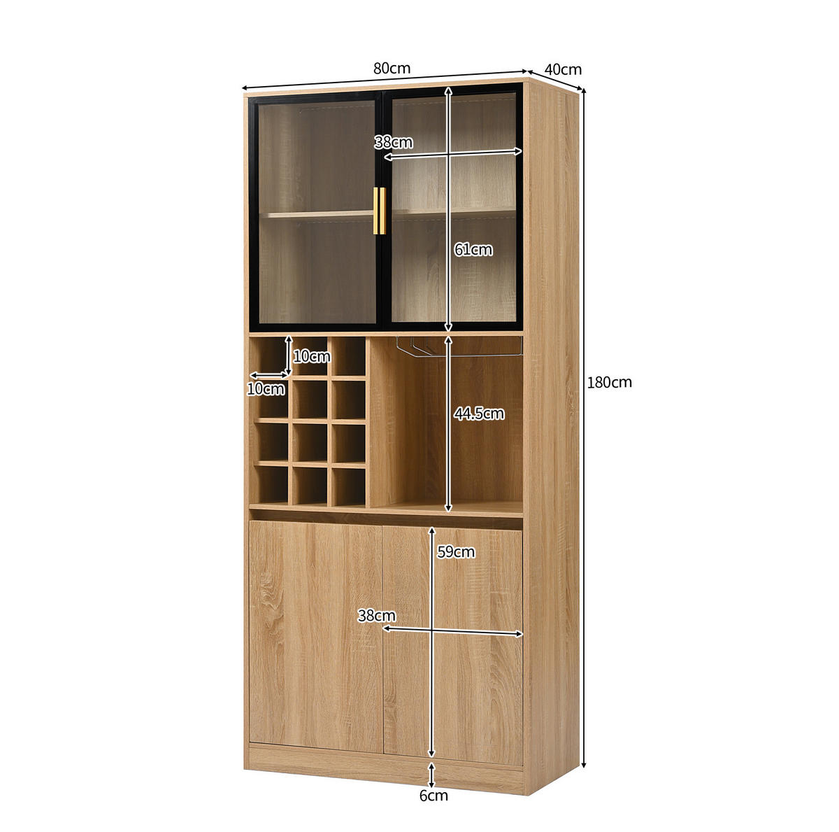 VITRINENSCHRANK aus MDF 80x40x180 cm Natur mit Glastüren, LED-Beleuchtung und abnehmbarem Weinglashalter - Naturfarben, Holzwerkstoff (80/180/40cm) - IVMEU