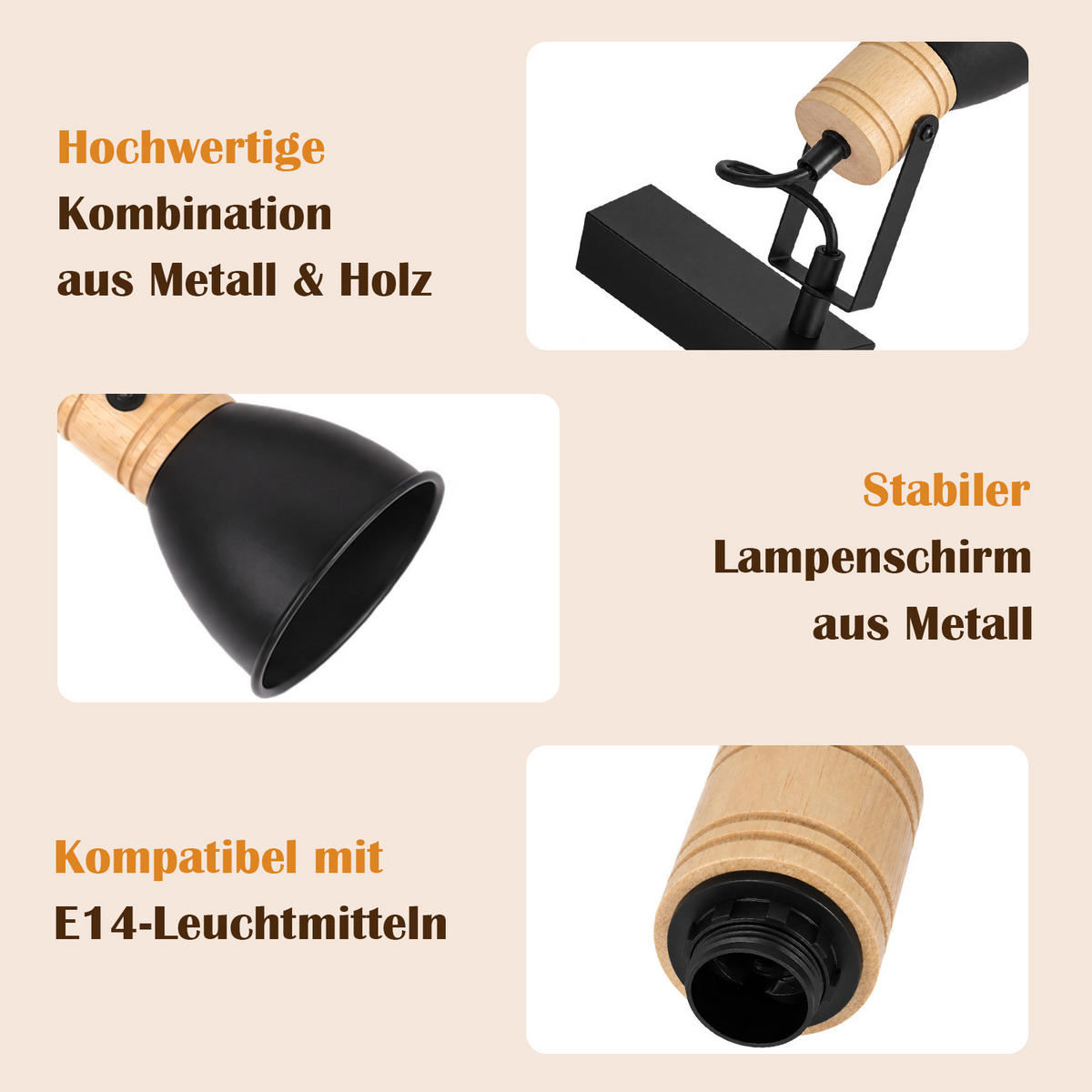 DECKENSTRAHLER Orvix 30/10/15 cm - Schwarz/Braun, Holz/Metall (30/10/15cm) - ZMH