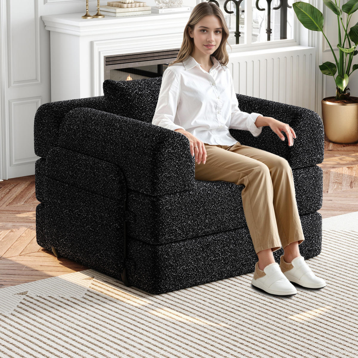 ROZKLÁDACÍ pohovka 2 v 1 černá z chenille s úložným prostorem v opěrce a ocelovým rámem - černá, textil (181.6/49.5/94cm) - OKWISH