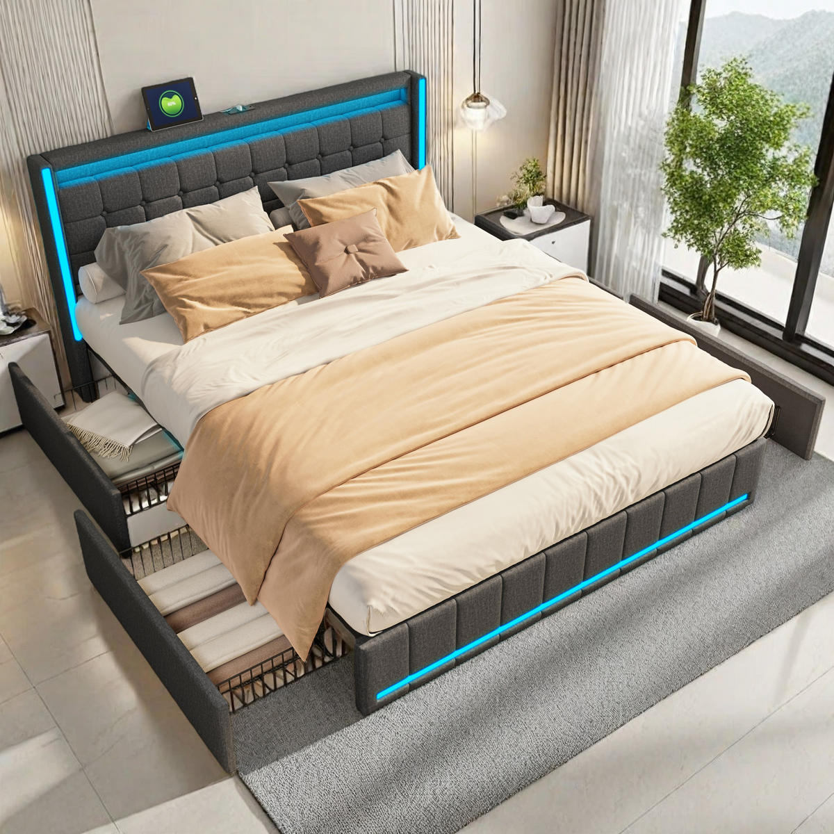 POLSTERBETT mit LED-Beleuchtung, USB-Anschluss und 4 Metallschubladen, dunkelgrau, Leinenmaterial. - Grau, Holz (140/200cm) - WoodenAura