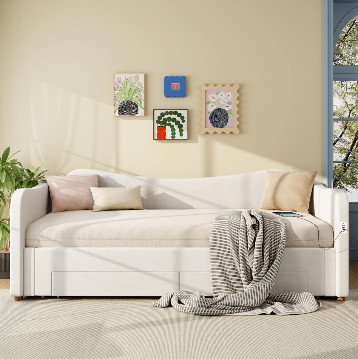 ČALÚNENÁ posteľ z zamatu 90x200 cm béžová s výsuvom na 180 cm, USB a úložnými zásuvkami - béžová, textil (90/200cm) - Modfu