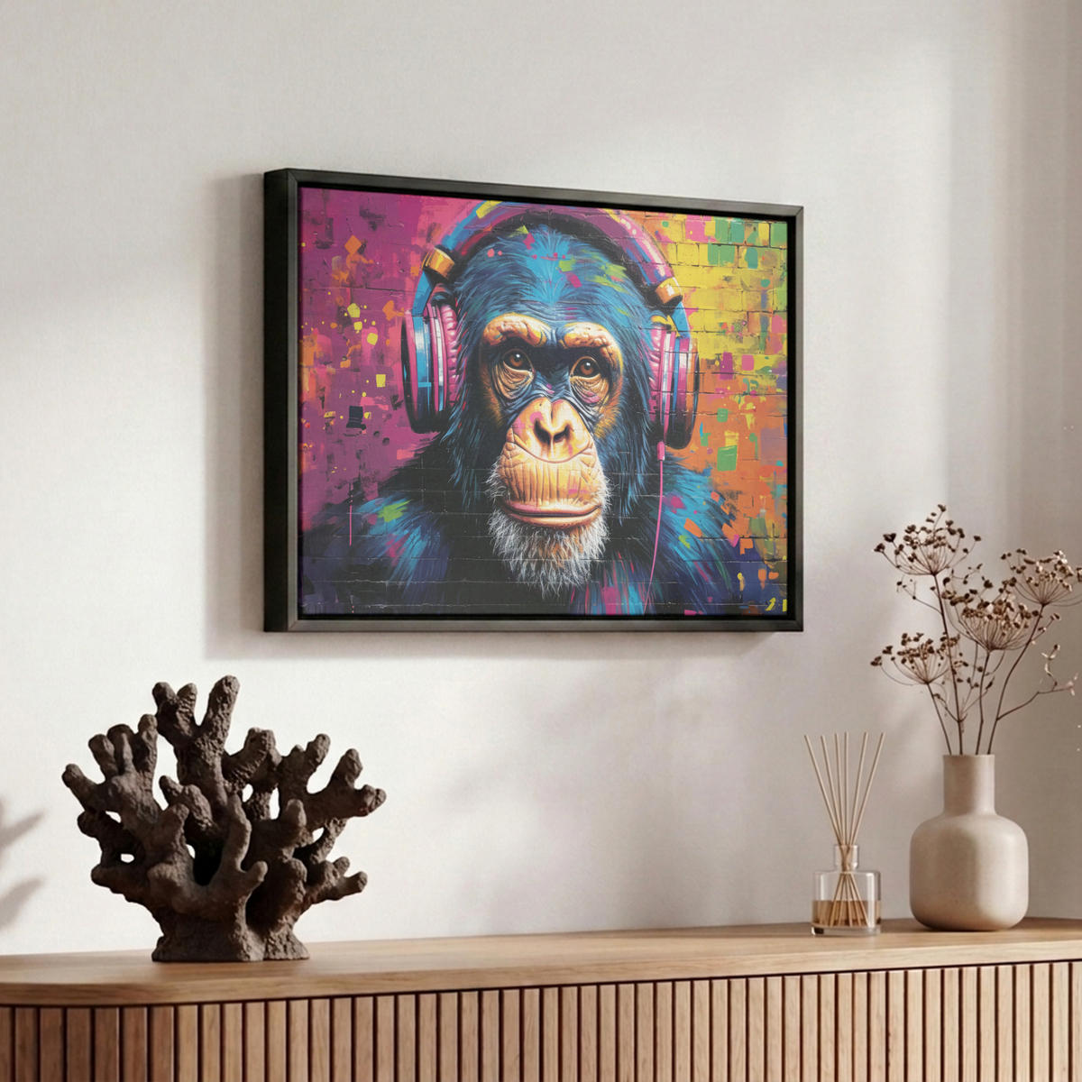 LEINWAND Bilder mit Rahmen - Graffiti - Schimpanse - Straßenkunst - Kopfhörer - Affe - 30x20 - Blau, Textil (30/20cm) - MuchoWow
