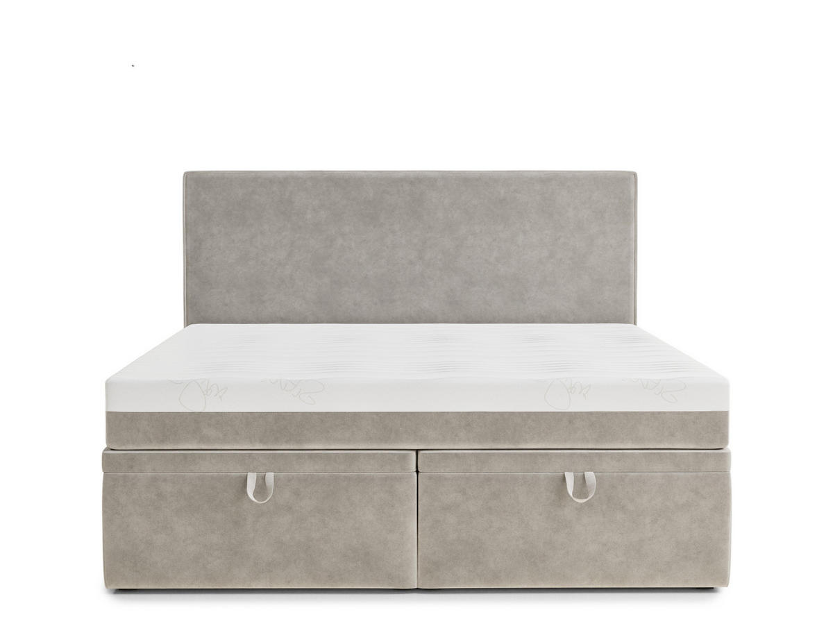 BOXBETT 140/200 cm Tegal, in Beige, Matratze, gepolstertes Kopfteil, Bettkasten, H3 = fest - Beige/Schwarz, Holz/Holzwerkstoff (140/200cm) - Maison de Reve