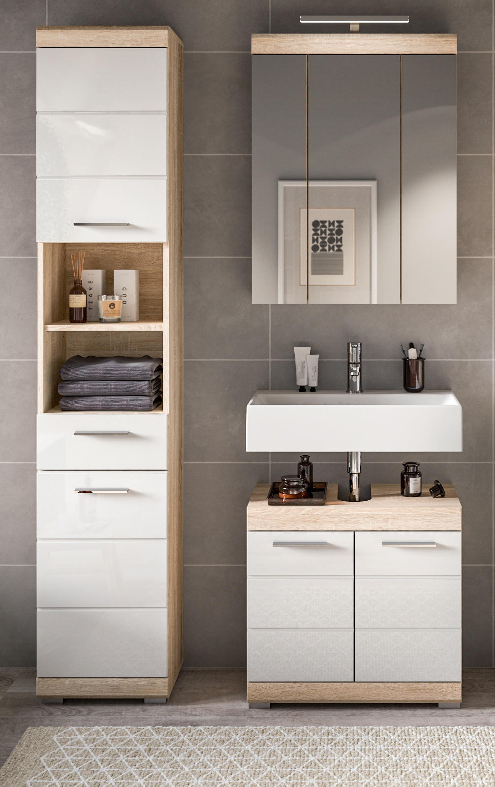 Inn.Furn BADMÖBEL-SET Weiß Hochglanz, Eiche 112cm × 34cm × 191cm