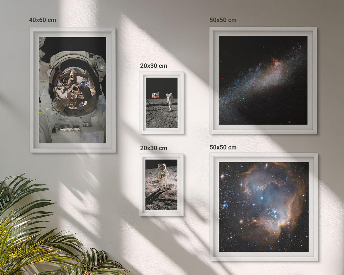 BILDER SET 5er Set - 50x50 cm & 20x30 cm & 40x60 cm Weißer Rahmen - Astronauten landen auf dem Mond - Weiß, Kunststoff (40/60cm) - TULUP