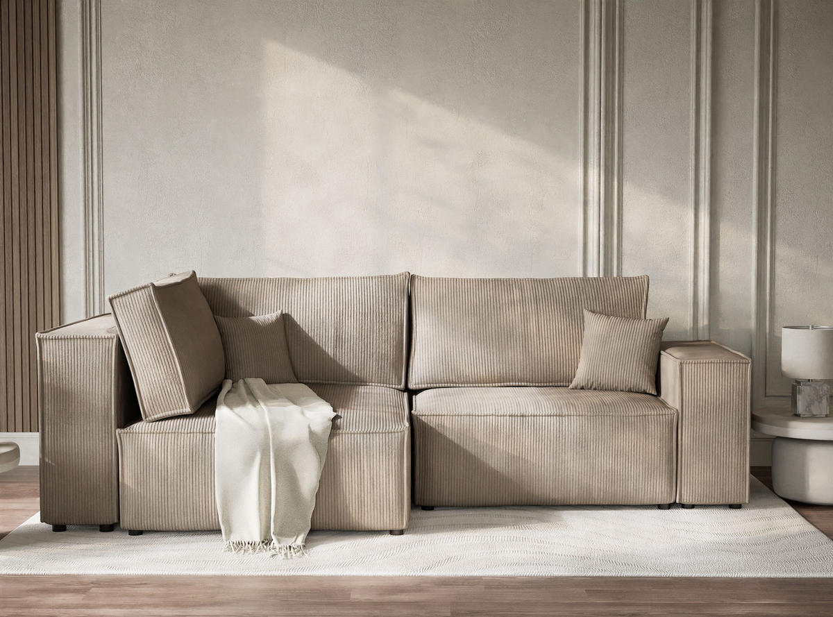 ECKSOFA MIT SCHLAFFUNKTION Tonga Beige Samtstoff - Beige/Schwarz, Holz/Holzwerkstoff (105/225cm) - Maison de Reve