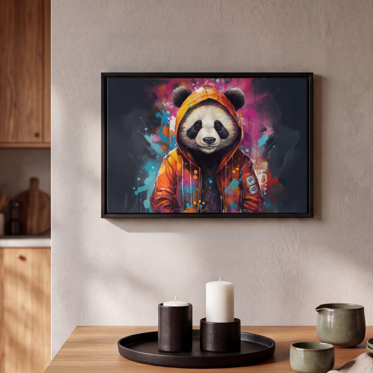 LEINWAND Bilder mit Rahmen - Panda - Jacke - Graffiti - Orange - 30x20 - Orange, Textil (30/20cm) - MuchoWow
