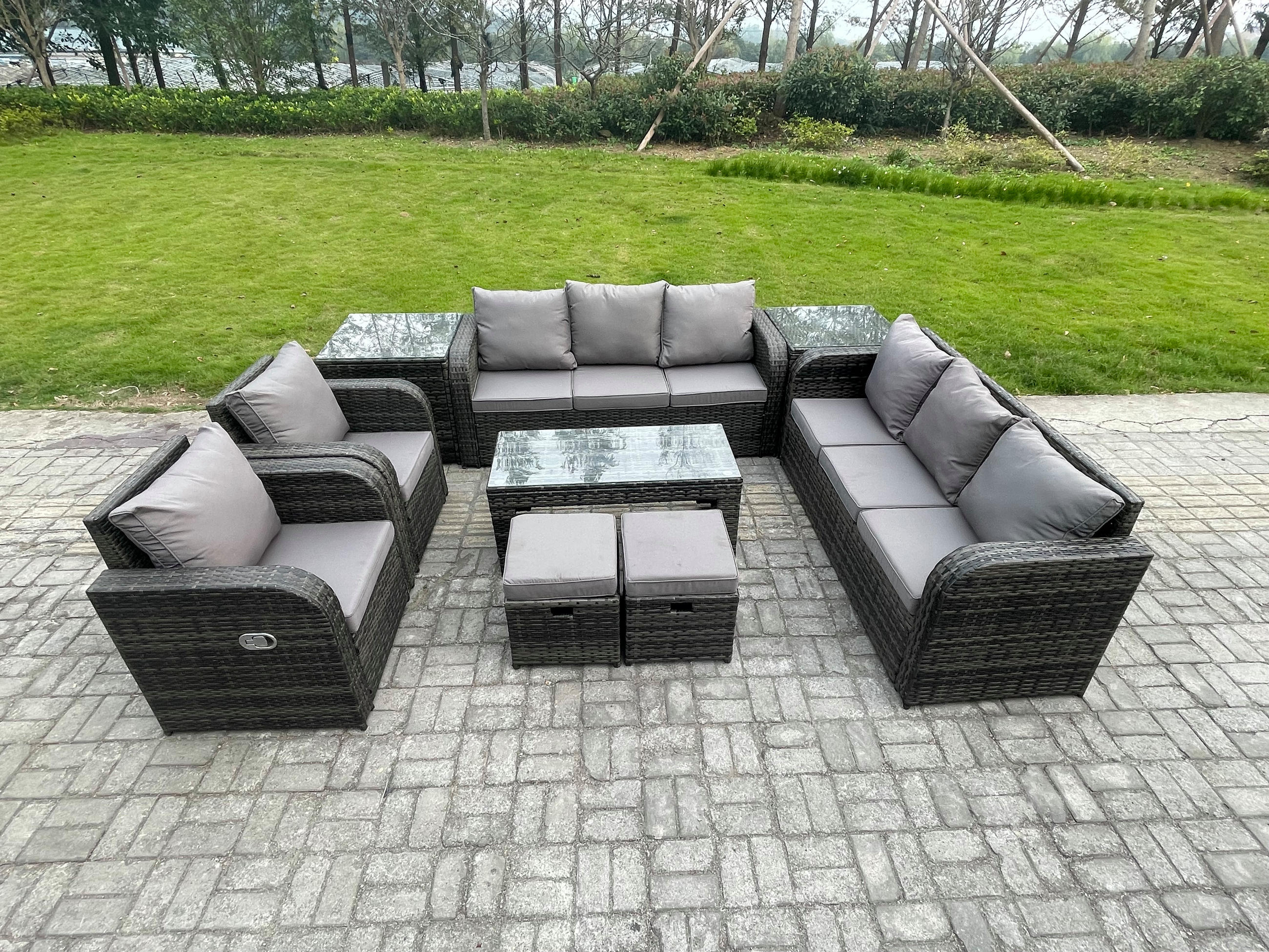 GARTENSOFA SET mit rechteckigem COUCHTISCH Polyrattan 10-Sitzer Dunkelgrau - Dunkelgrau/Grau, Glas/Kunststoff - Fimous