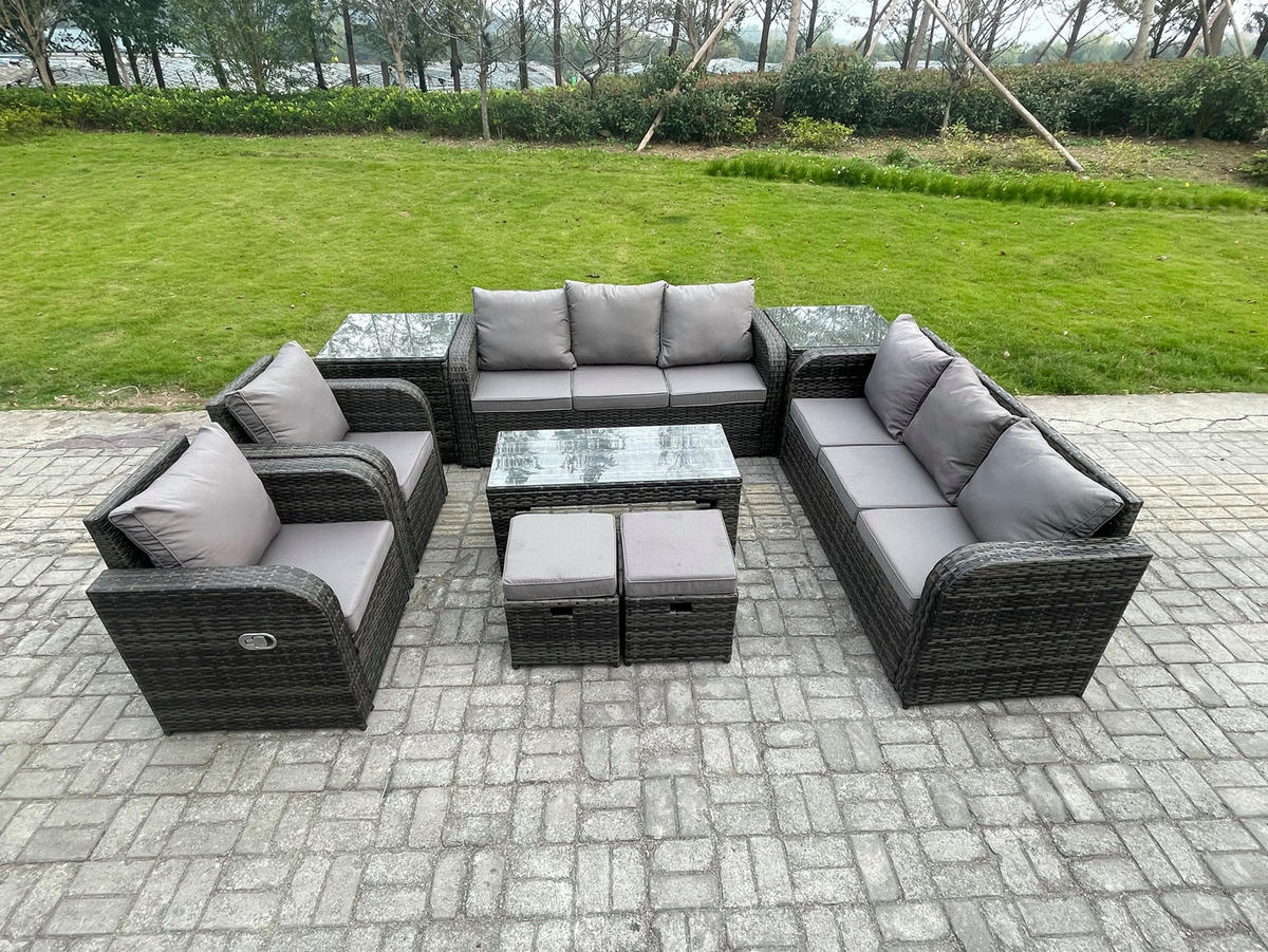 GARTENSOFA SET mit rechteckigem COUCHTISCH Polyrattan 10-Sitzer Dunkelgrau - Dunkelgrau/Grau, Glas/Kunststoff - Fimous