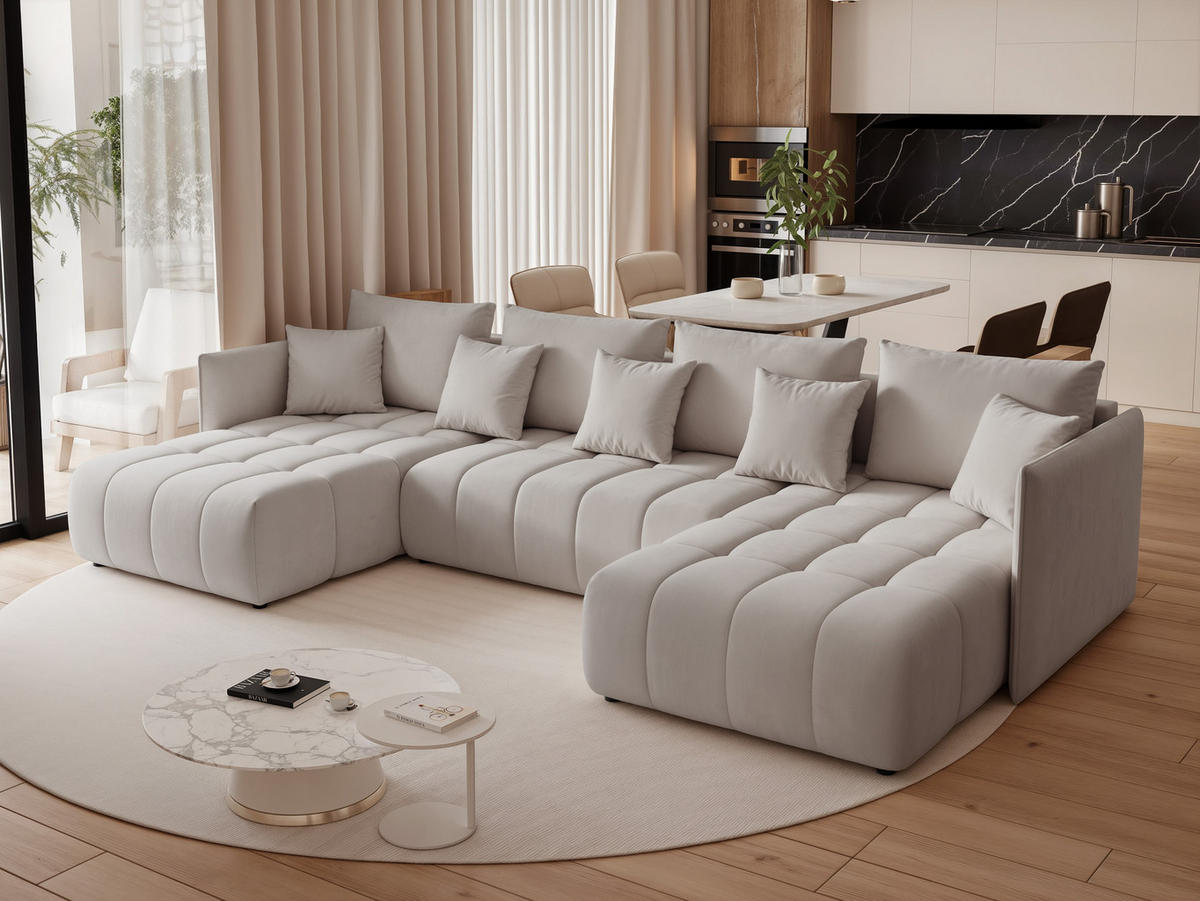 WOHNLANDSCHAFT OLIMPIA mit Schlaffunktion und Bettkasten Hellgrau - Hellgrau, Holzwerkstoff/Kunststoff (300/85/90cm) - Idohome