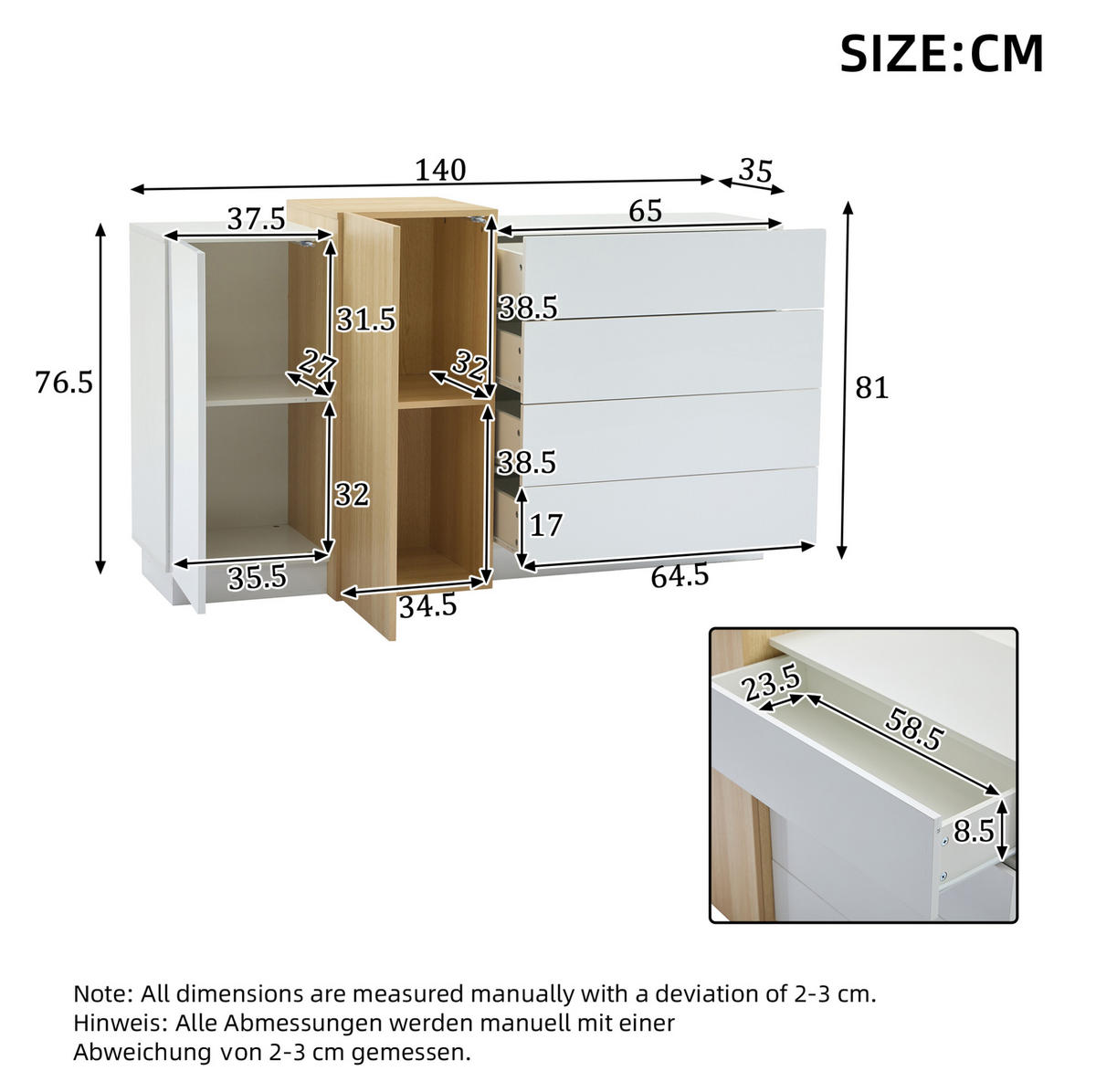 SIDEBOARD 140/35/76,5 cm mit 4 Schubladen, 2 Türen, Push-to-Open und Hochglanzfront, Weiß - Weiß, Holzwerkstoff (140/76.5/35cm) - Redom