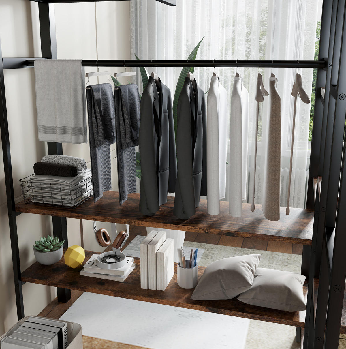 HOCHBETT 120/200 cm aus Metall und MDF mit Schreibtisch und offenem Kleiderschrank Schwarz - Schwarz, Holzwerkstoff (120/200cm) - Modenvie