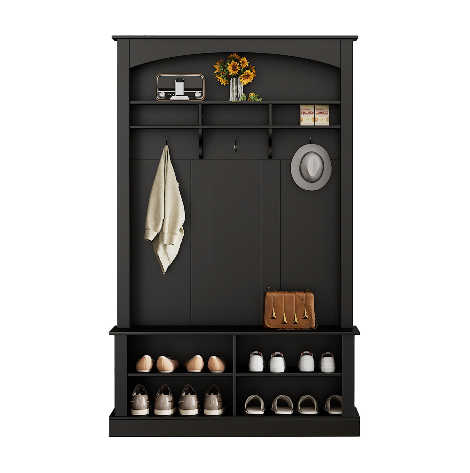 STANDGARDEROBE mit Sitzbank, 3 Haken und Schuhablage, Schwarz, 120/40/190 cm - Schwarz, Holzwerkstoff (120/190/40cm) - BEAOK