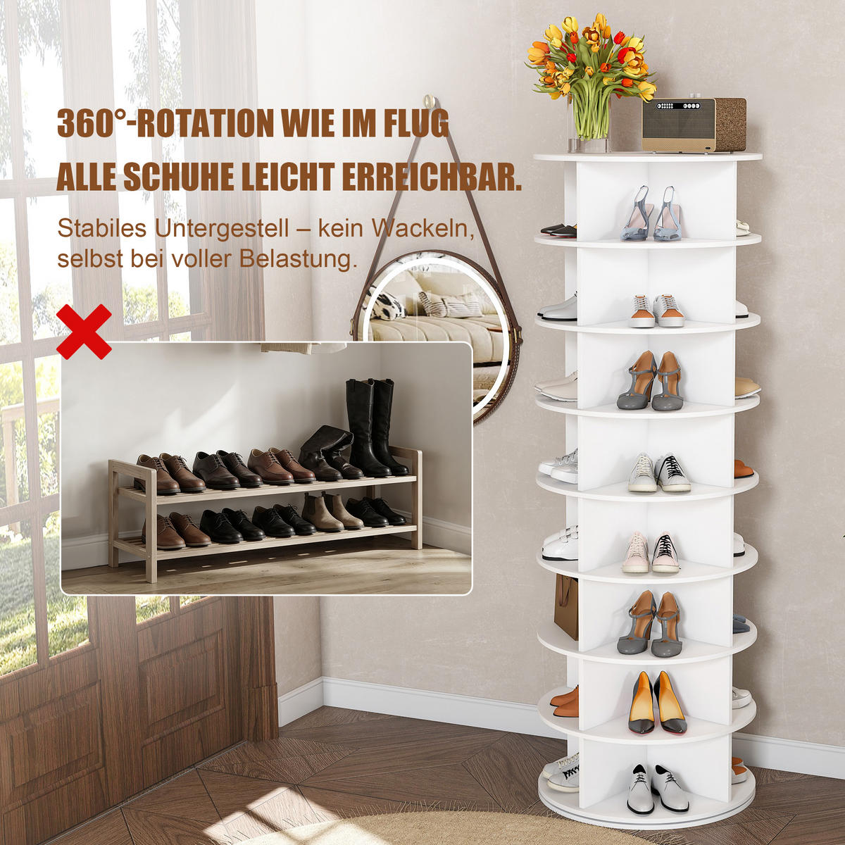 SCHUHABLAGE Drehbar 8-stöckig mit 32 Paar Kapazität & Stauraum 60/60/184 cm - Weiß, Kunststoff (184/60/60cm) - EVRYAE