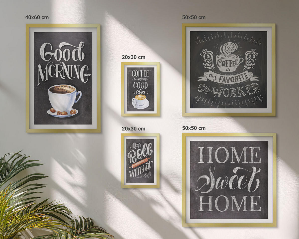 BILDER SET 5er Set - 50x50 cm & 20x30 cm & 40x60 cm Goldrahmen - Kaffeeroller, heimelige Wärme - Goldfarben, Kunststoff (40/60cm) - TULUP