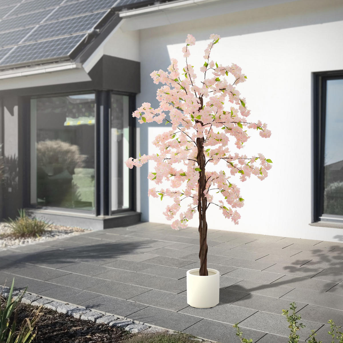 UMĚLÝ TŘEŠŇOVÝ KVĚT 210 cm Růžový s kmenem z přírodního dřeva - růžová/černá, textil/plast (210cm) - ML-DESIGN
