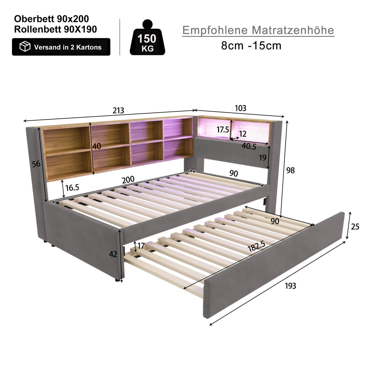 SCHLAFSOFA mit Ausziehbett 90x200 cm Flanell dunkelgrau - Dunkelgrau, Holz (90/200cm) - Meubliv