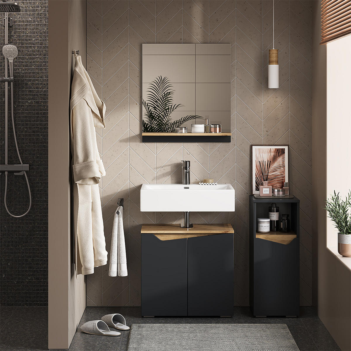 MIDISCHRANK Marelle Anthrazit 30 x 74.5 cm mit Tür und offenem Fach - Anthrazit, Holzwerkstoff (30/74.5/35cm) - Vicco
