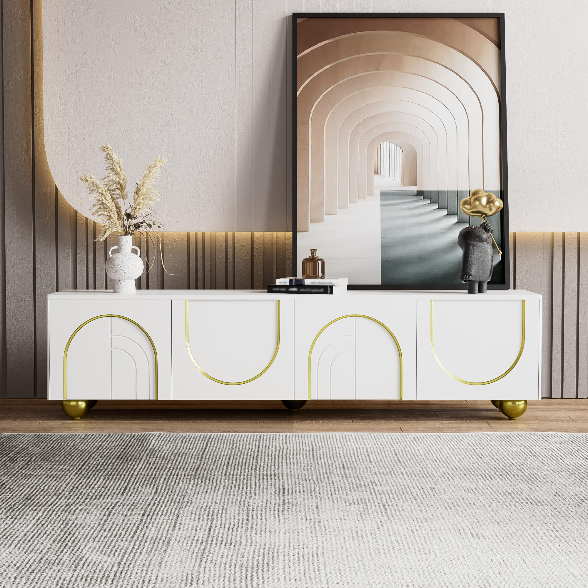 TV-SCHRANK Lowboard 3D Türen Goldgriffe Stauraum - Weiß, Holzwerkstoff (170/44/38cm) - LEBENLANG