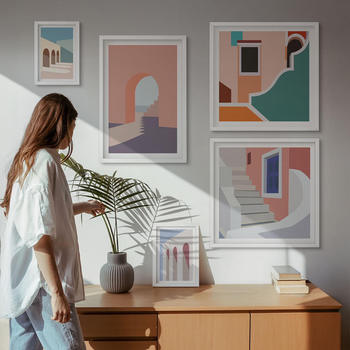 WANDBILDER 5er-Set - 50x50 cm & 20x30 cm & 40x60 cm Weißer Rahmen - Minimalistische Pastellgrafiken - Weiß, Kunststoff (40/60cm) - ArtPrintCave