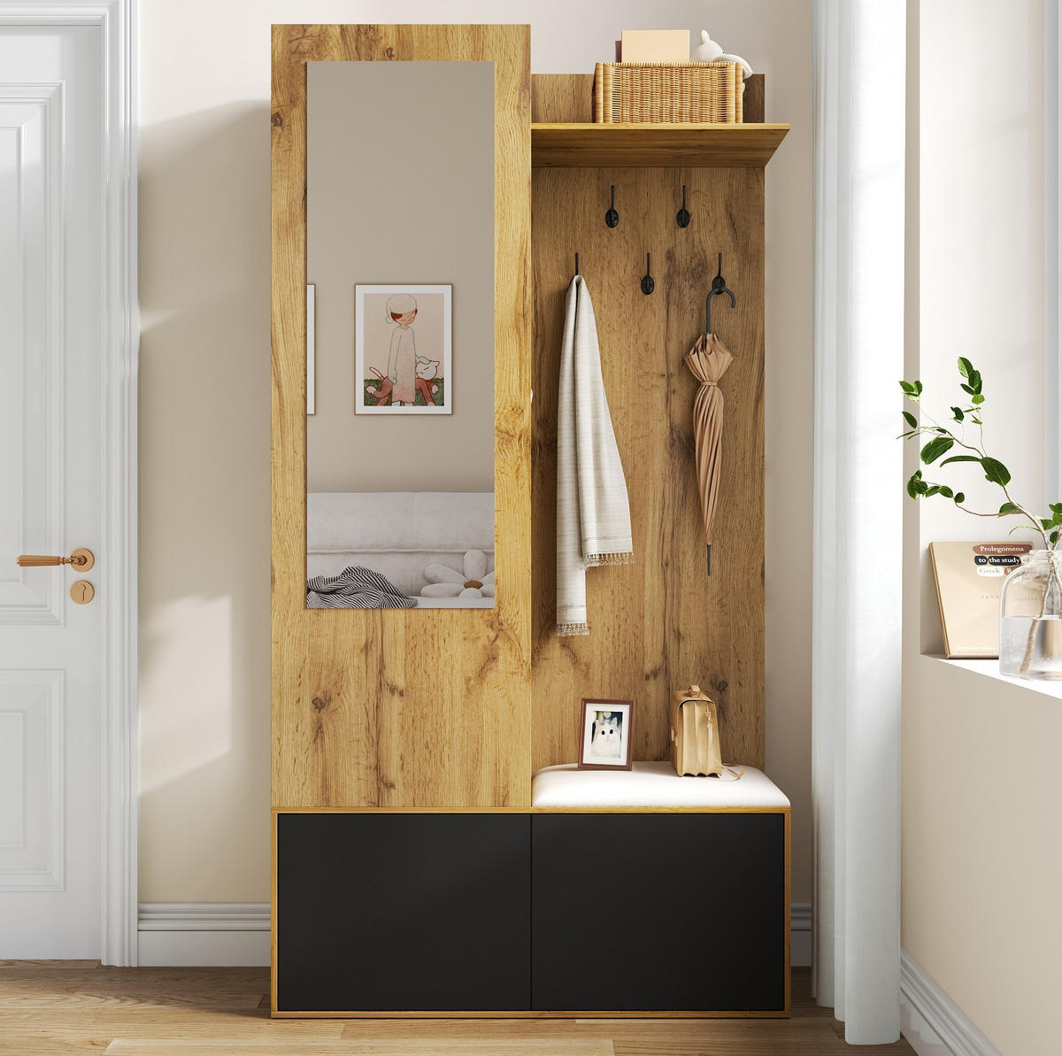 SCHUHSCHRANK aus MDF 100x38x191cm in Natur mit Bank & Spiegel - Naturfarben, Holzwerkstoff (100/191/38cm) - Modfu