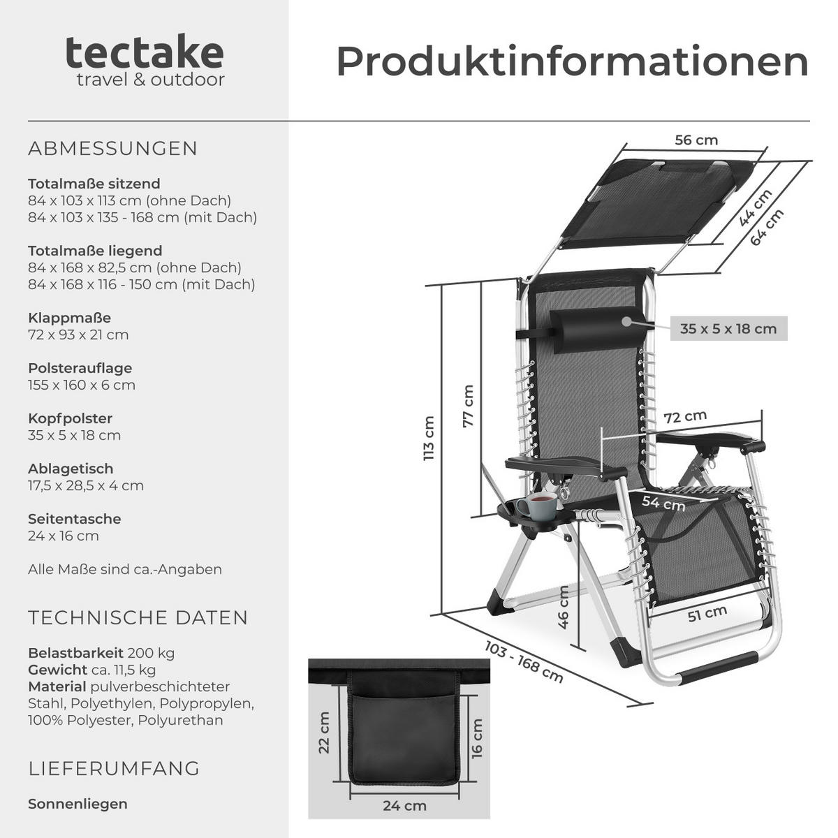 SONNENLIEGE Cloud Ii,mit Ablagetisch und Stautasche,schwarz - Schwarz, Kunststoff (84/103/168cm) - tectake
