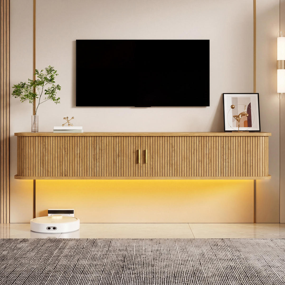TV-BOARD Wandhängend MDF LED Rillenoptik Wohnzimmer - Naturfarben, Holzwerkstoff (175/30/30cm) - FLIEKS