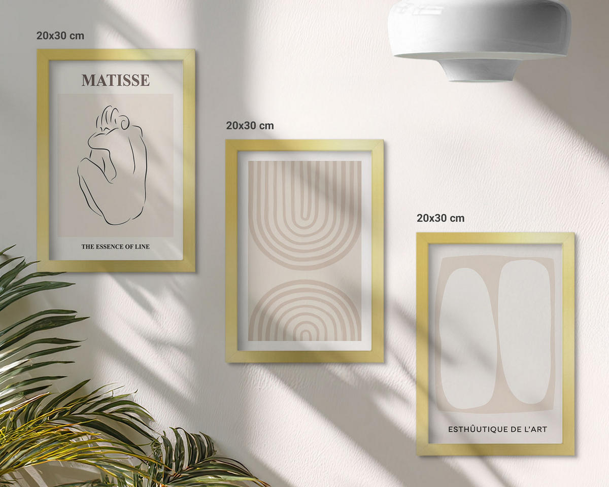 WANDBILDER 3er Set - 20x30 cm Goldrahmen - Stilvolle minimalistische Linien - Goldfarben, Kunststoff (20/30cm) - ArtPrintCave