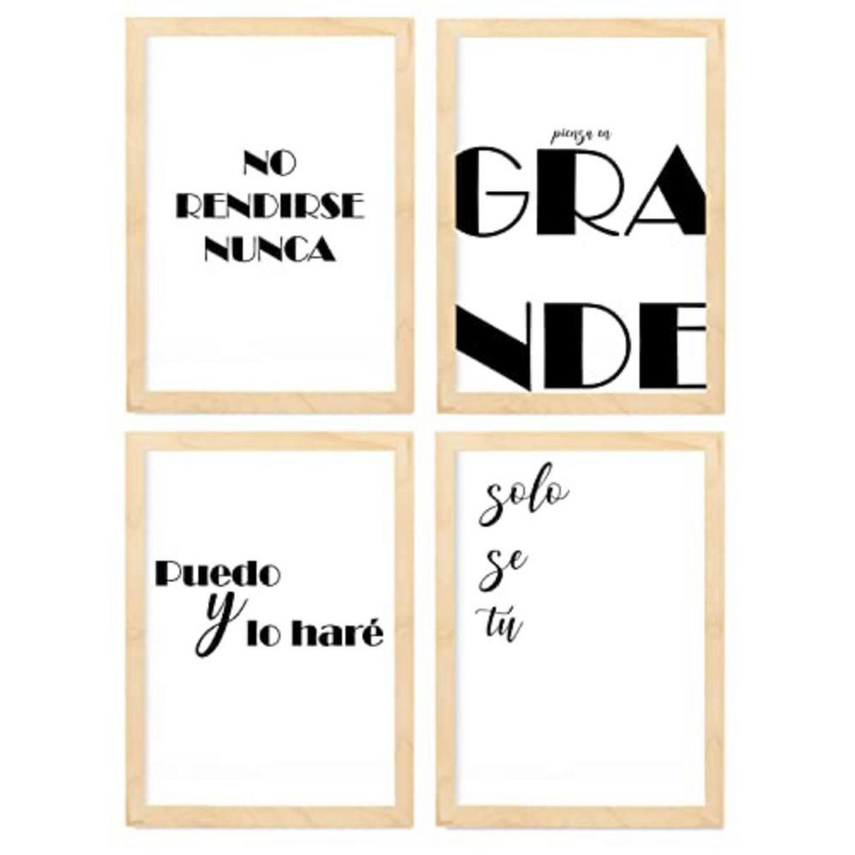 POSTER Set mit 4 Nachdenken TypografieStil A3 Rahmen aus hellem Holz - Beige, Papier (29.7/3cm) - Nacnic